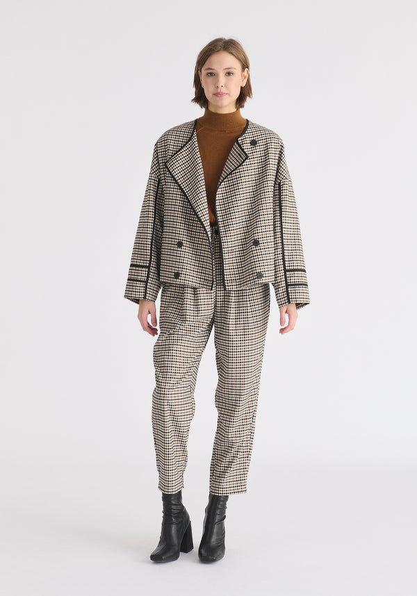 Double Breasted Check Jacket with Matching Scarf in Brown, White and Black Front